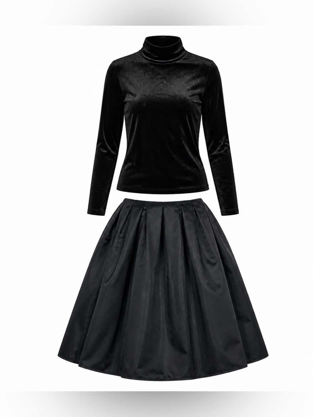 Women’s Classic Timeless Black Midi Pleated Skirt and Turtleneck Top Size S